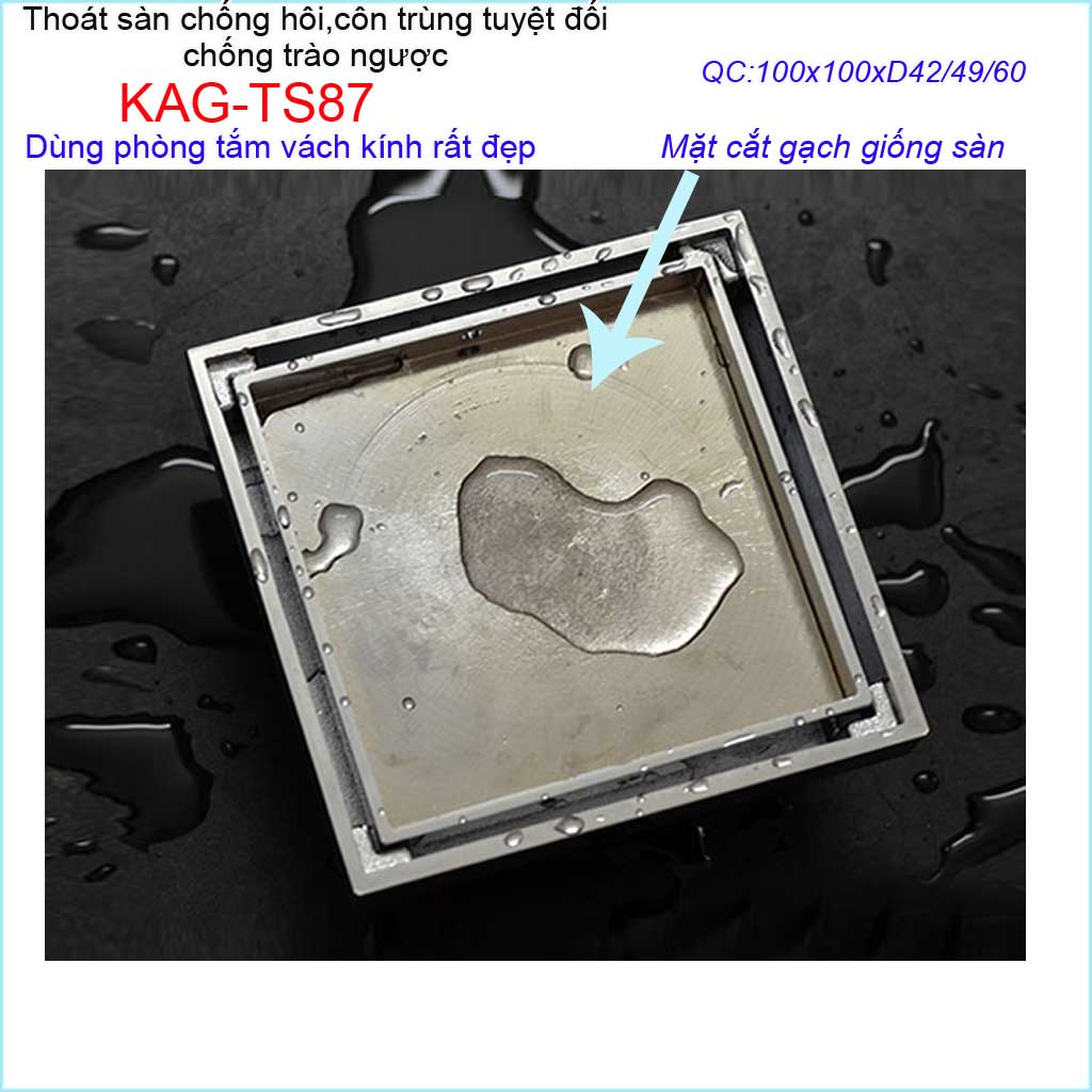 Thoát sàn mặt cắt gạch thoát sàn âm 10x10cm KAG-TS87 phễu thoát sàn chống hôi chống côn trùng Inox thoát nhanh chăn tóc tốt