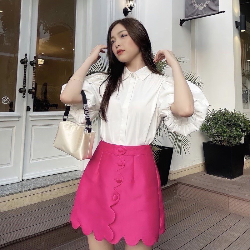 Áo sơ mi tay phồng cúc ngọc EMIX, chất lụa thô, freesize dưới 55kg, basic, cổ sơ mi, cộc tay 856