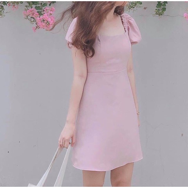 Đầm cổ U tay bo 2 màu