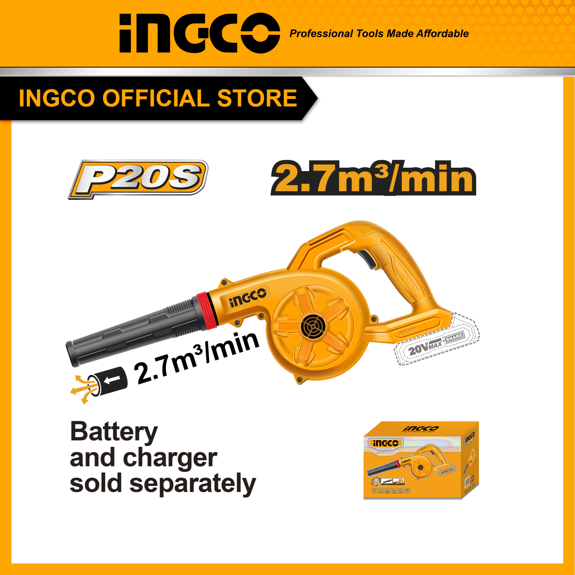 Thân Máy thổi bụi dùng pin 20V INGCO CABLI20028 (chưa kèm pin & sạc)