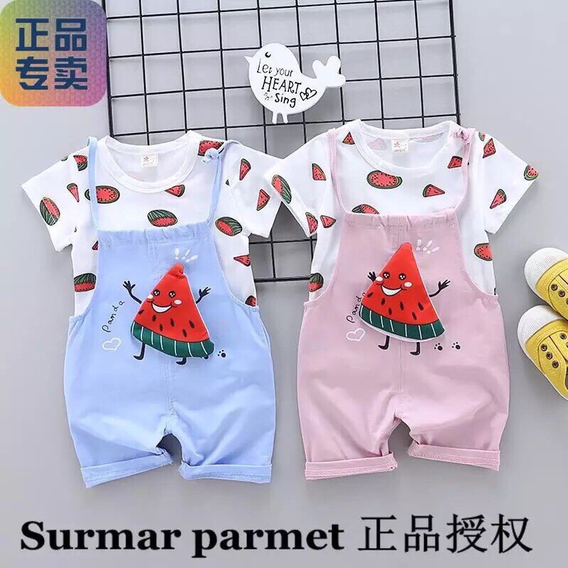 quần áo trẻ em yếm in hình dưa hấu chất liệu cotton mềm mại kèm áo trong cho bé