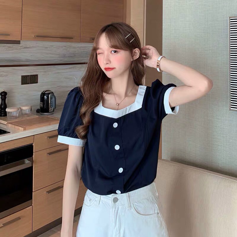 Áo Kiểu Hot Trend Hàn Quốc Mới Tay Ngắn Cổ Vuông Phối Viền Đen Và Cột Nơ Sau Lưng Tiểu Thư TTSA0737