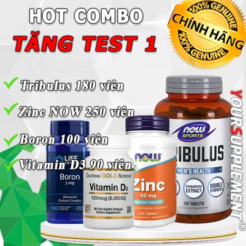 Combo tăng test 1: Tribulus 180 viên + Zinc Now 250 viên + Boron 100 viên + Vitamin D3 90 viên nhập khẩu