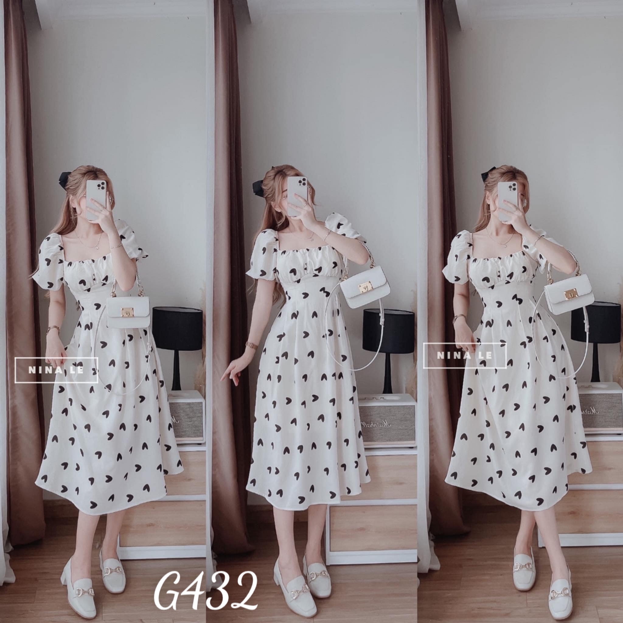 Đầm voan lụa nữ in trái tim cột nơ lưng dáng xoè g432