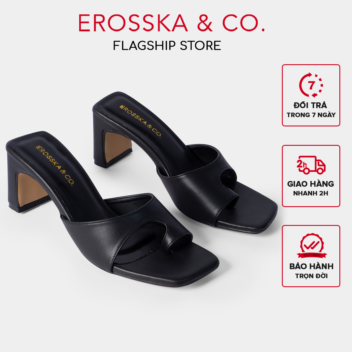 Dép cao gót Erosska mũi vuông kiểu dáng xỏ ngón cao 7cm màu nude - EB027