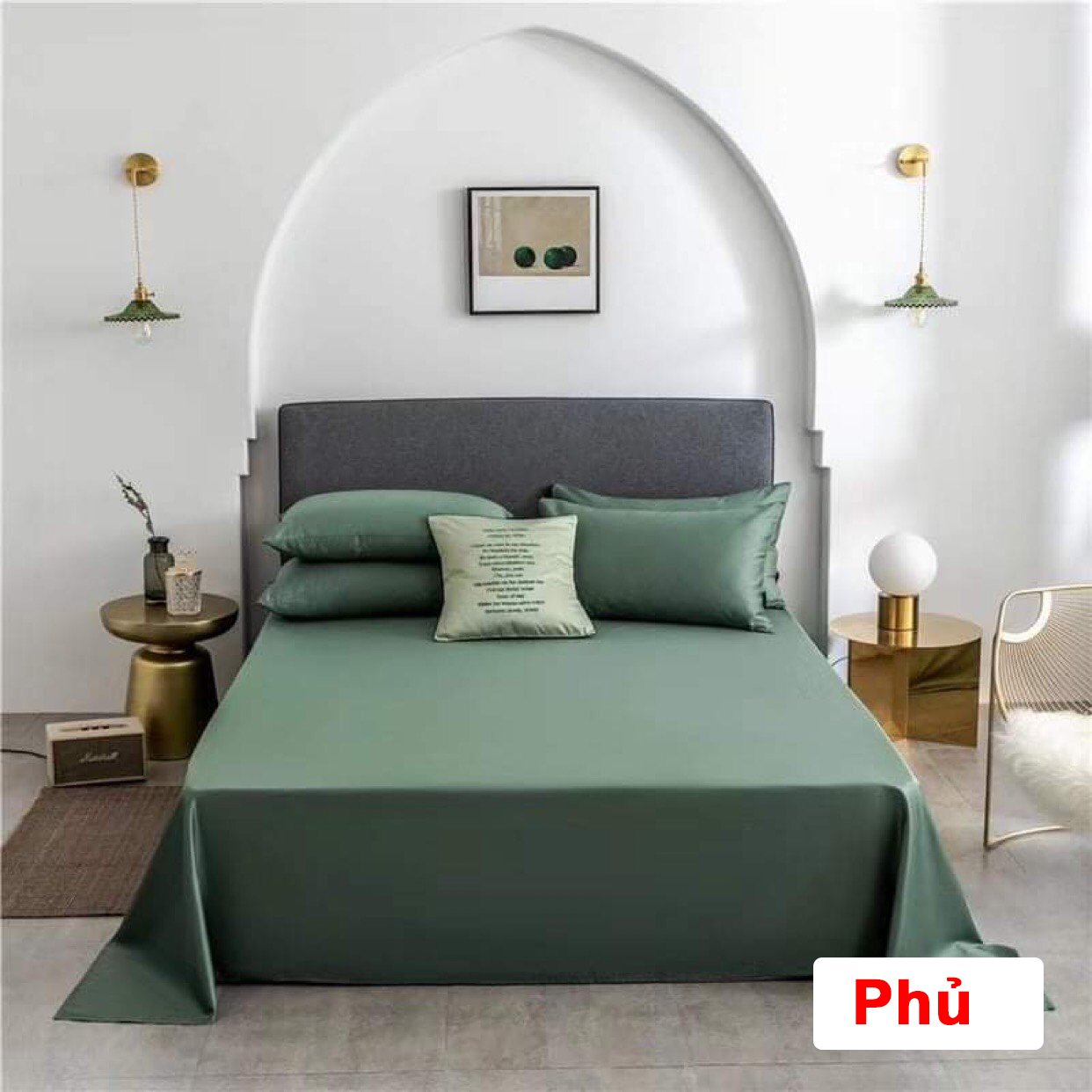 Set chăn ga gối lụa bèo thêu hoa cúc xanh lá siêu xinh