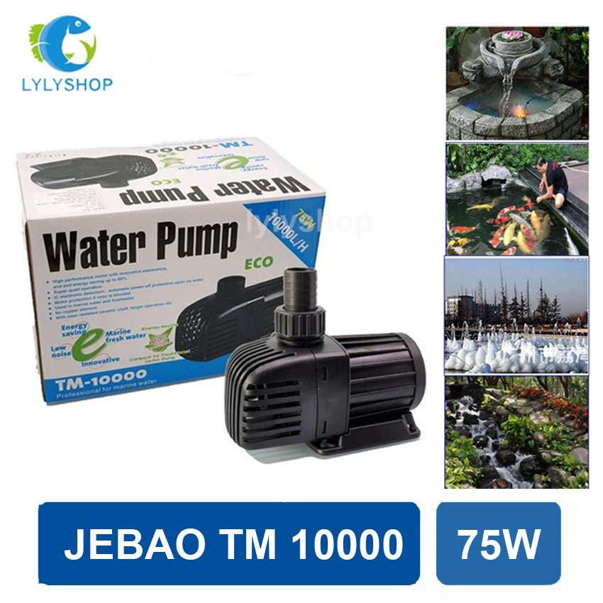 75W- 10000L/Hr - Máy bơm nước hồ cá Jebao TM 10000, phi ống 42, lõi trục gốm, ngắt tự động khi bơm hết nước, tiết kiệm điện, dễ lắp đặt. Bảo hành 6 tháng