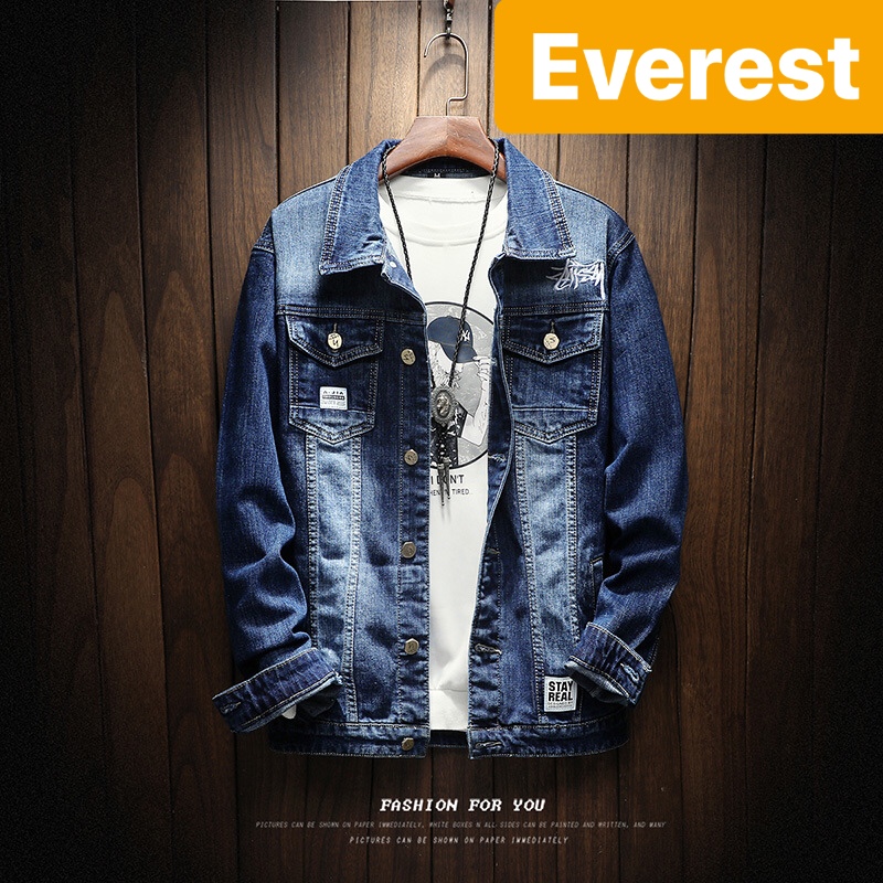 ÁO KHOÁC JEAN NAM CHẤT BÒ XANH THÊU CHỮ VAI THU ĐÔNG HÈ SEOUL CHẤT MEN NGẦU NEW - EVEREST FASHION