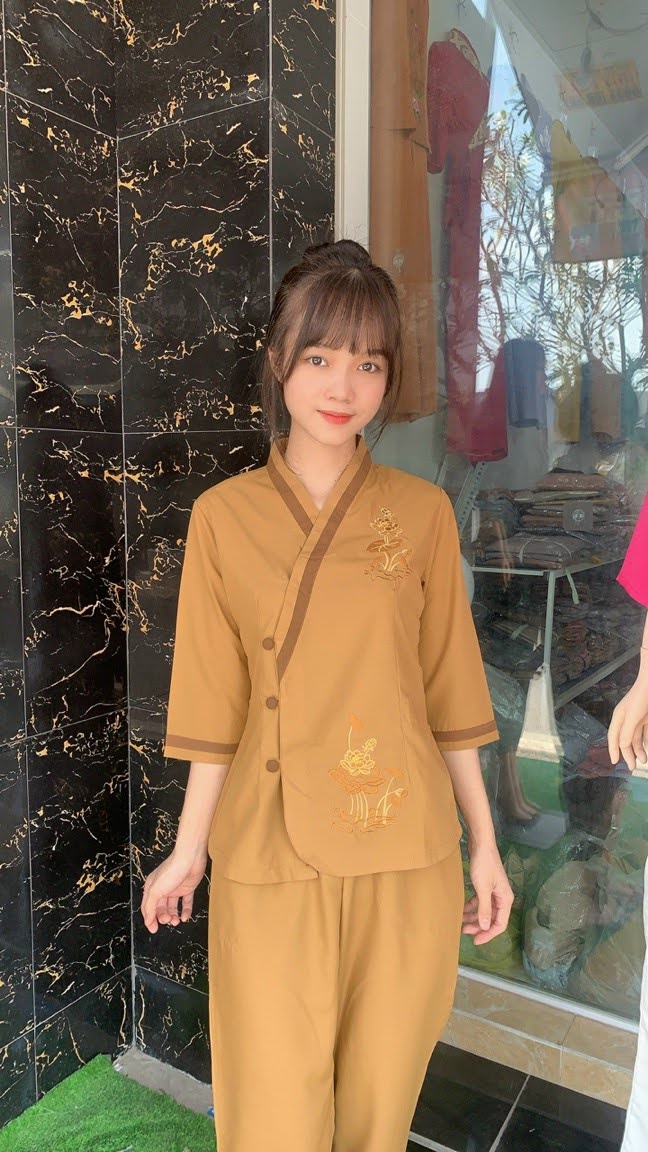 Đồ lam đi chùa nữ, đồ phật tử mẫu tim viền
