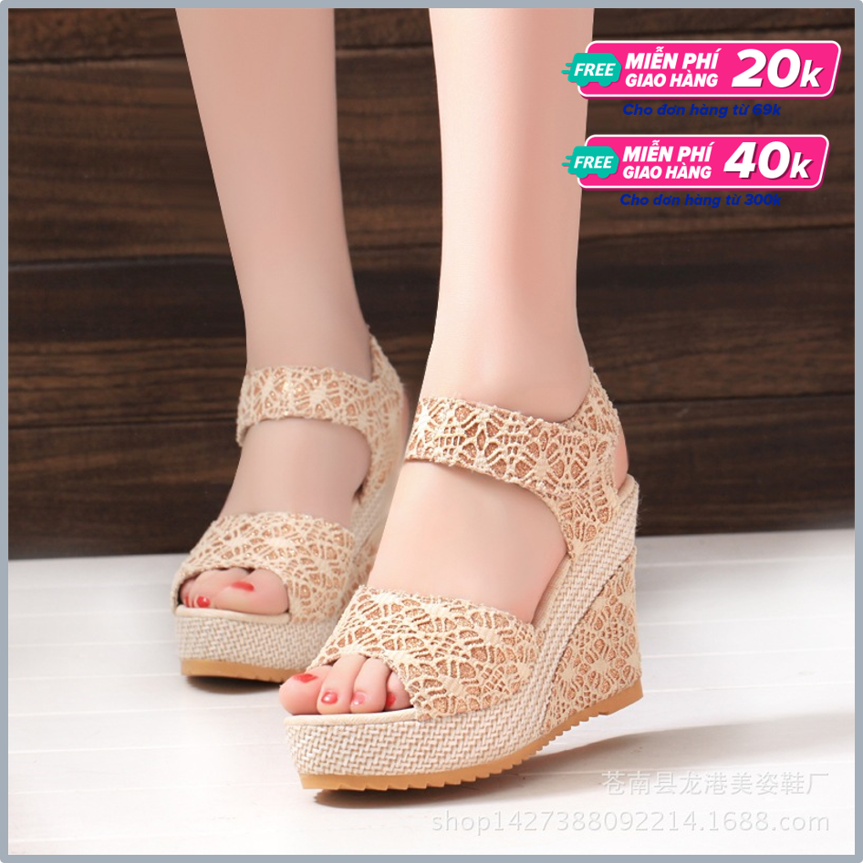 Giày xăng đan nữ đế xuồng 11cm ren lưới