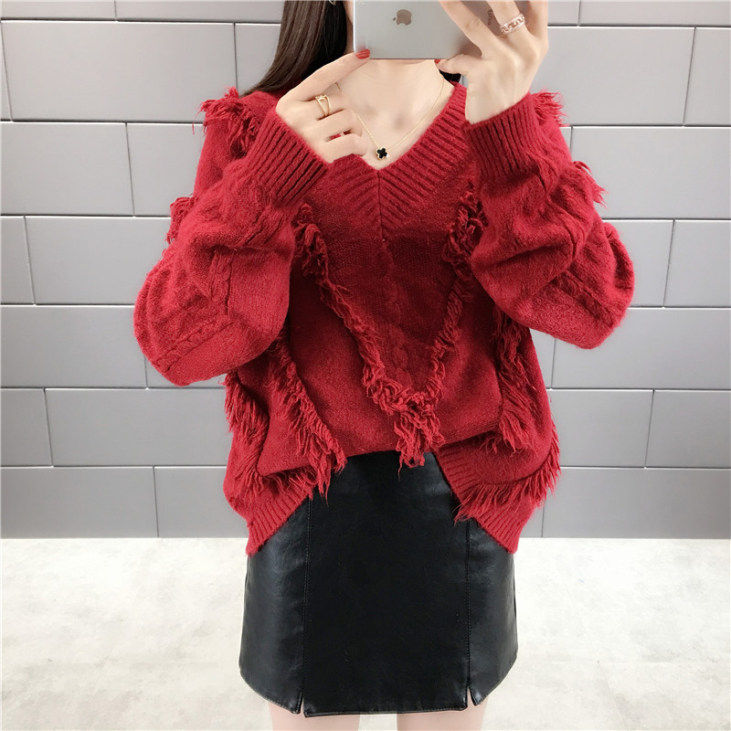 Áo len nữ cổ tim phối tua vải mềm AL12