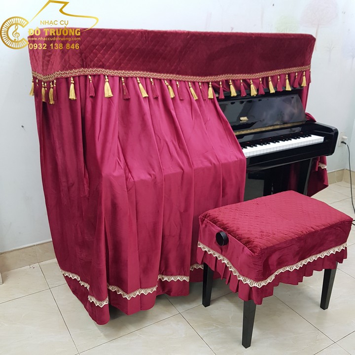 Bộ khăn phủ đàn Piano đỏ phối hạt châu vàng cao cấp