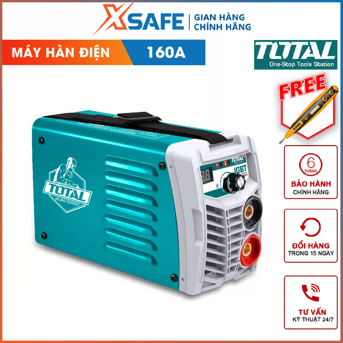 Máy hàn điện tử TOTAL TW21606 Thiết bị hàn điện tử Inverter MMA 85V Điện áp ra tối đa 160A Kích thước que hàn 16 - 40 mm công nghệ biến tần IGBT làm que hàn nóng chảy nhanh chóng