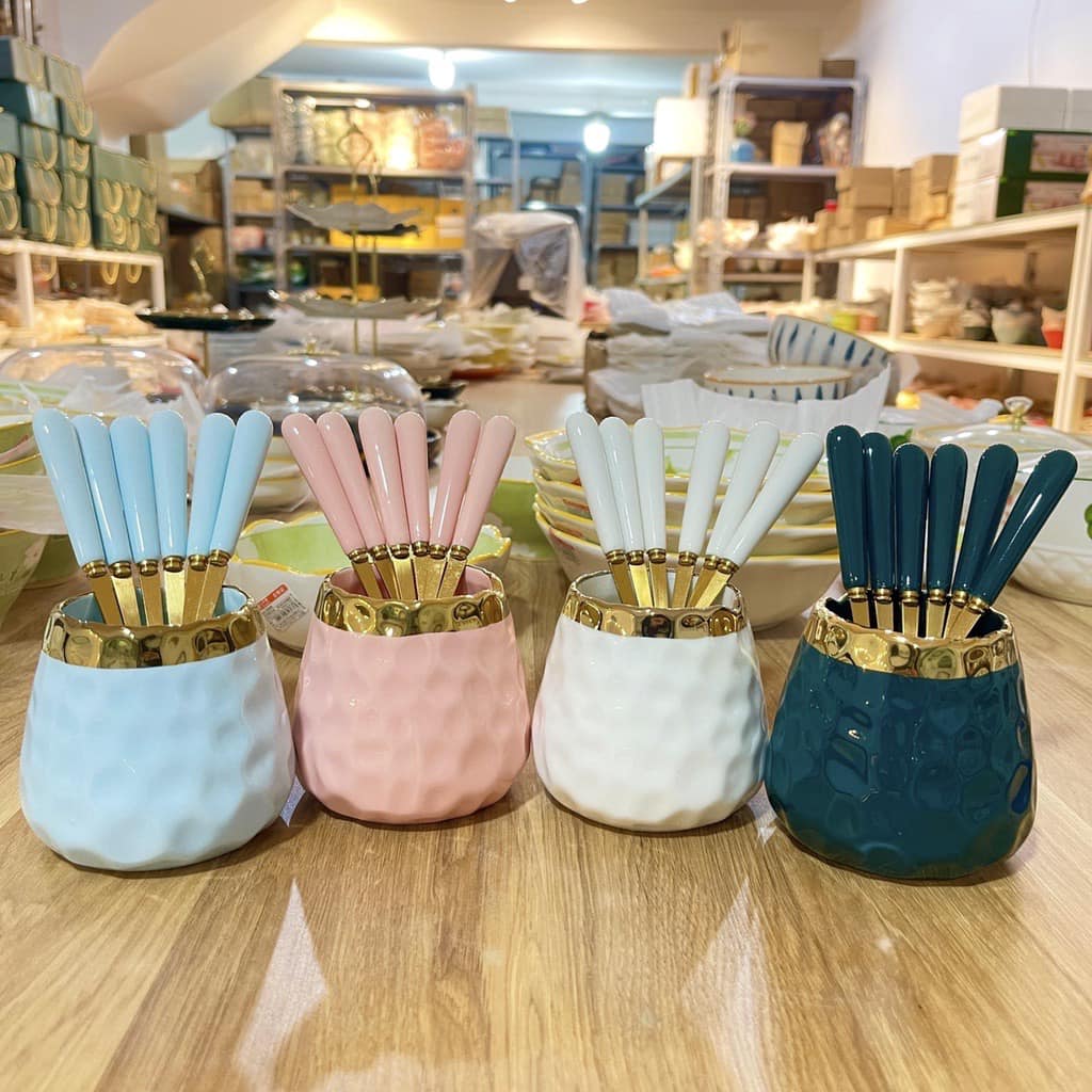 Bộ 6 nĩa trái cây inox gốm sứ sáng tạo bộ thìa dĩa dĩa trái cây dễ thương dĩa dĩa tráng miệng dĩa