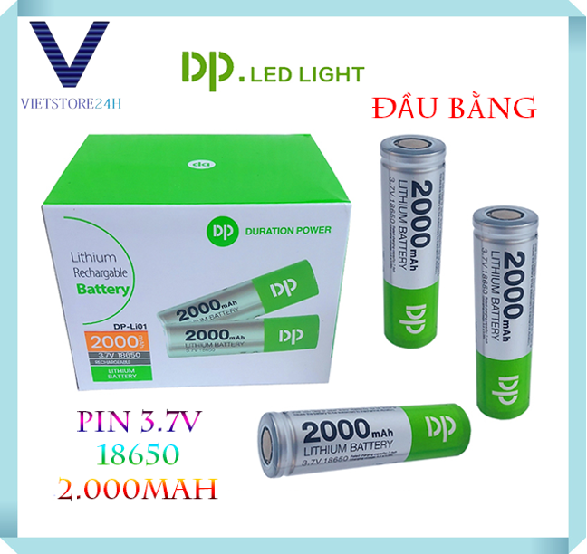 Pin sạc dp-li01 2000 mah 18650 3.7v đầu bằng