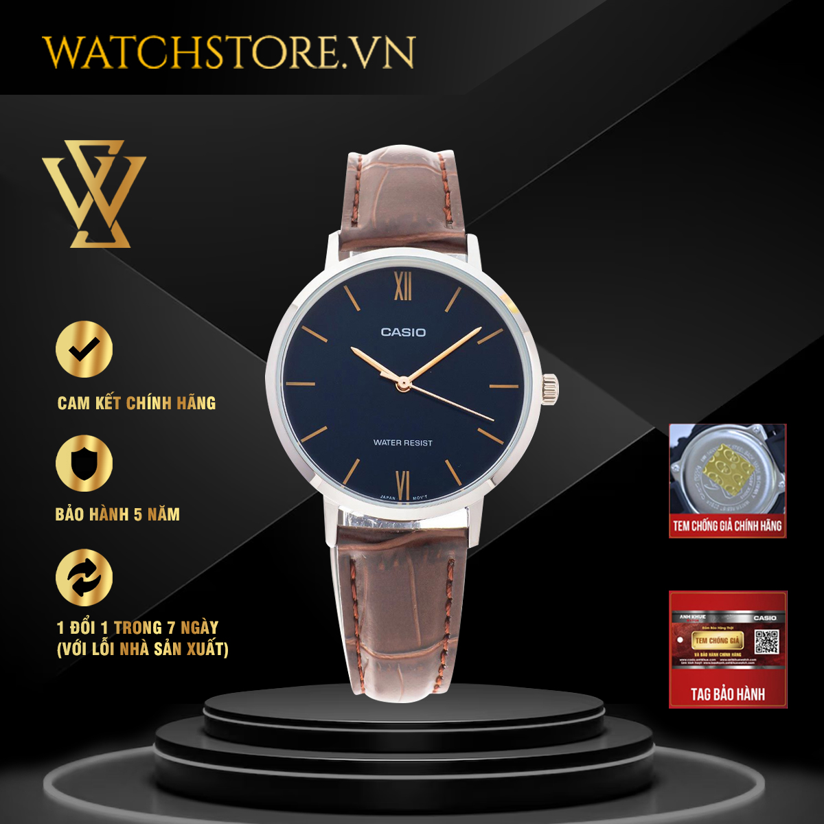 Đồng hồ quartz nữ casio chính hãng watchstore ltp-vt01l-2budf thiết kế kính khoáng 34mm, dây đeo da và vỏ thép không gỉ