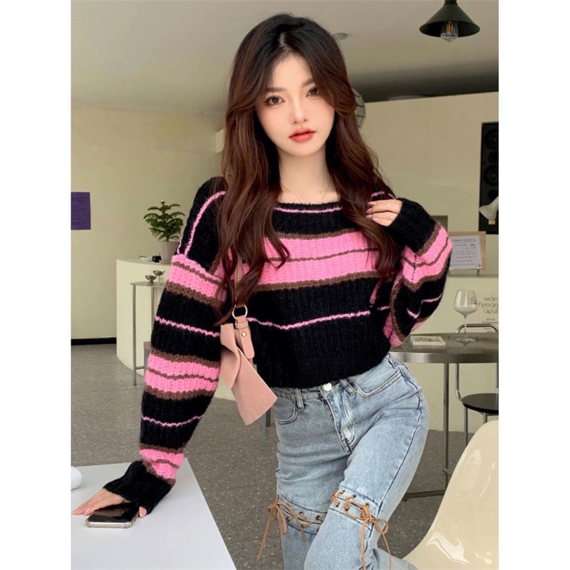 FREESHIP ÁO LEN CROTOP SỌC HỒNG ĐEN ULLAZANG