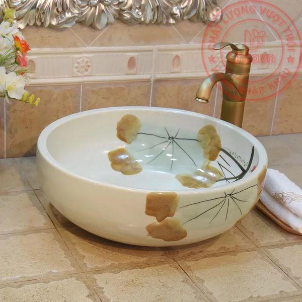 Chậu rửa lavabo nghệ thuật gốm sứ trắng hoa văn trang nhã LAV0023