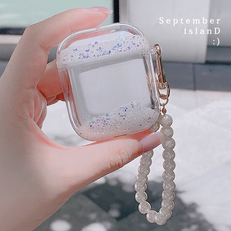 Ins trường hợp airpods airpods 1/2 3D liquid quicksand glitter pearl bracelet Bluetooth Headset hard case Vỏ điện thoại dễ thương cho Airpods 2Protective Cover with Hook，Airpods Pro  Vỏ bảo vệ bằng Hard