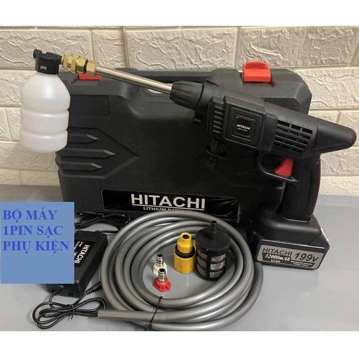 [BH1NĂM] Máy rửa xe dùng pin mini, Máy xịt rửa tăng áp Hitachi 199V áp lực cao 1400W [ bình tạo bọt]