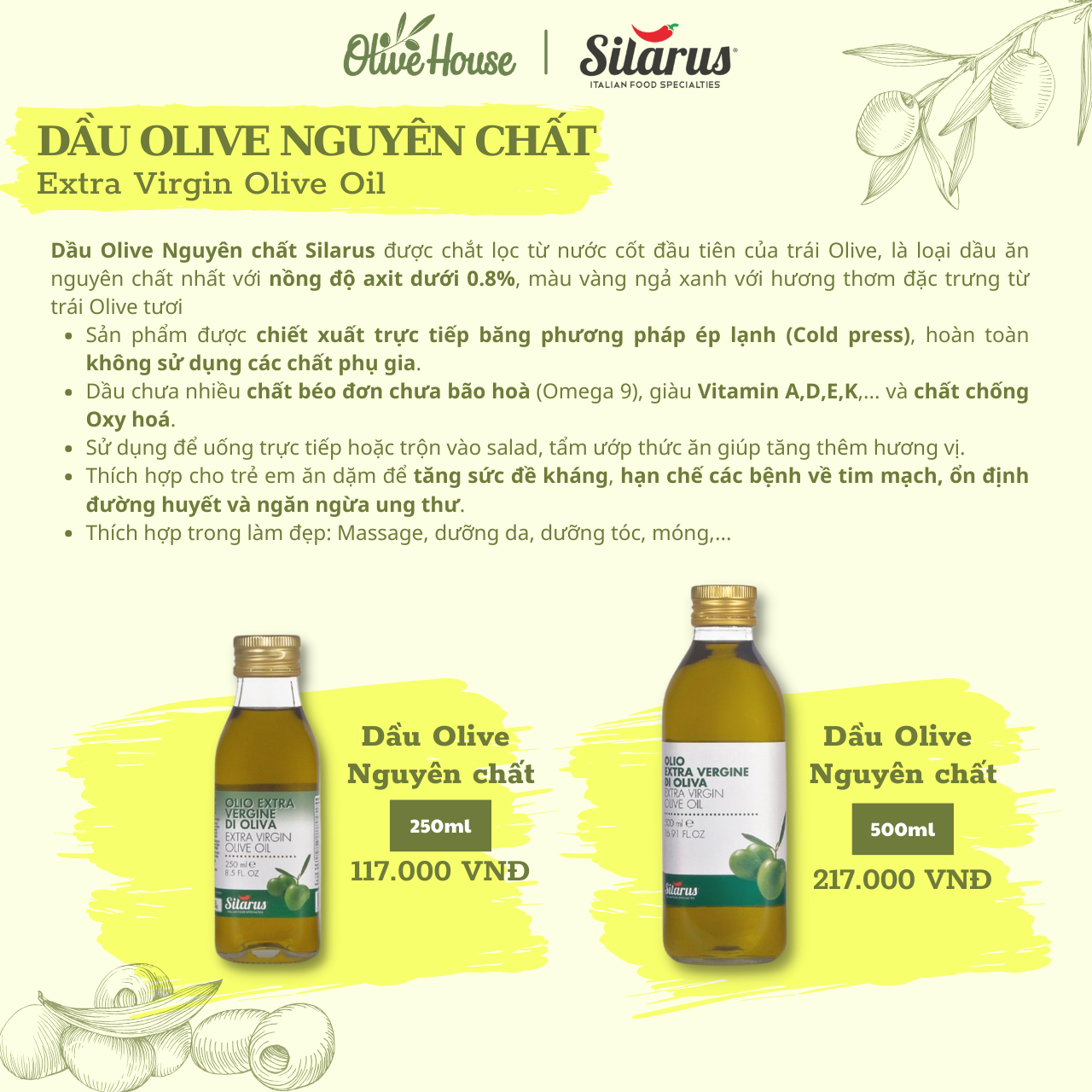 Dầu Oliu Nguyên chất Silarus (Extra Virgin) 250ml