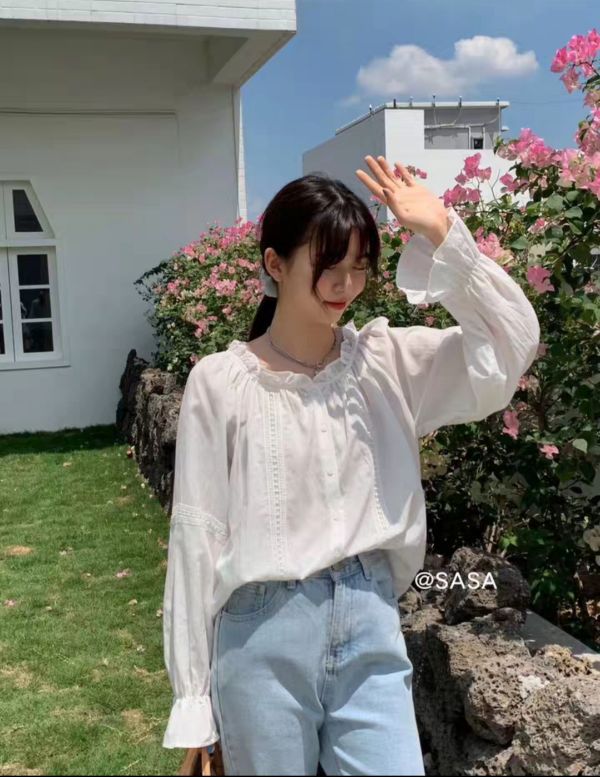 áo kiểu tiểu thư phối ren ảnh thật
