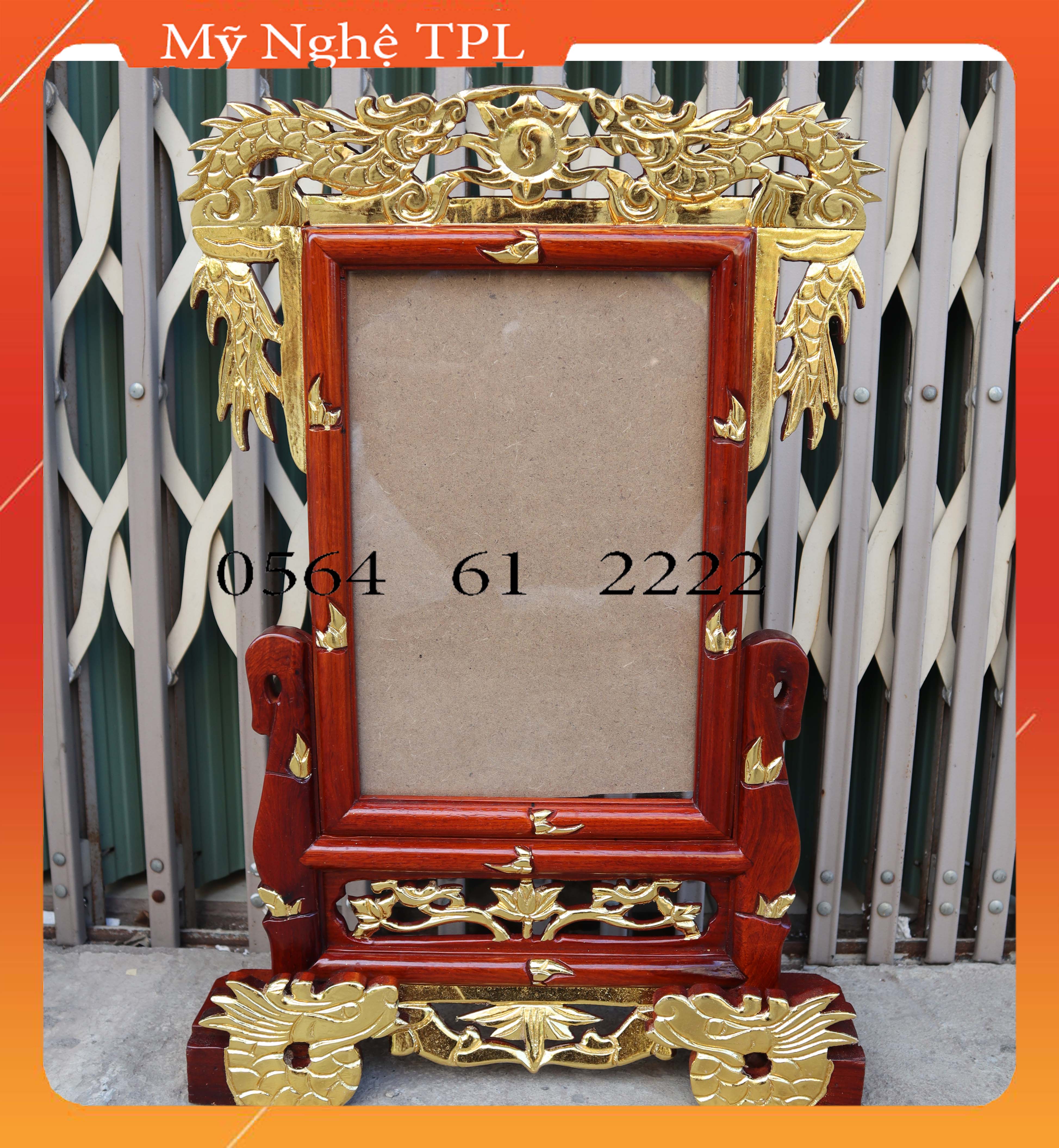 Khung hình thờ rồng vàng,Khung ảnh thờ song long rát vàng gỗ hương 4 cỡ ảnh