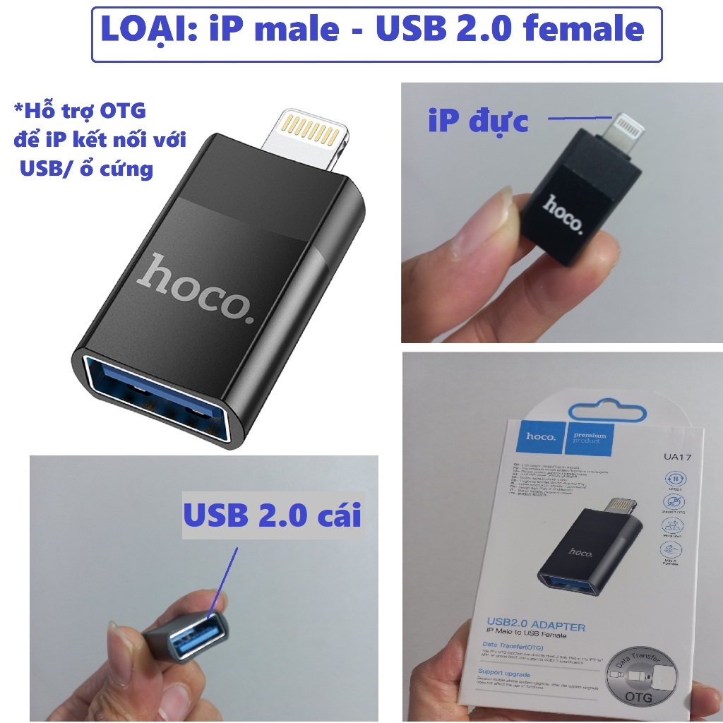 Đầu chuyển type c sang usb 3.0 / ip hỗ trợ otg cho điện thoại tablet laptop hoco ua17