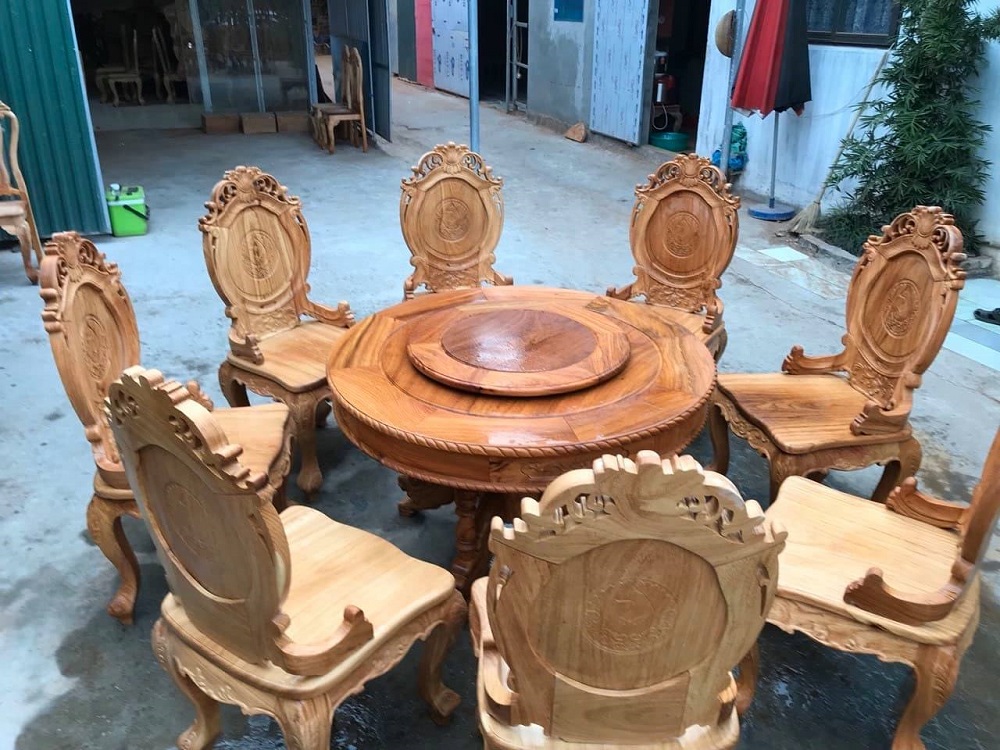 bộ bàn ghế ăn gỗ gõ đỏ bàn tròn