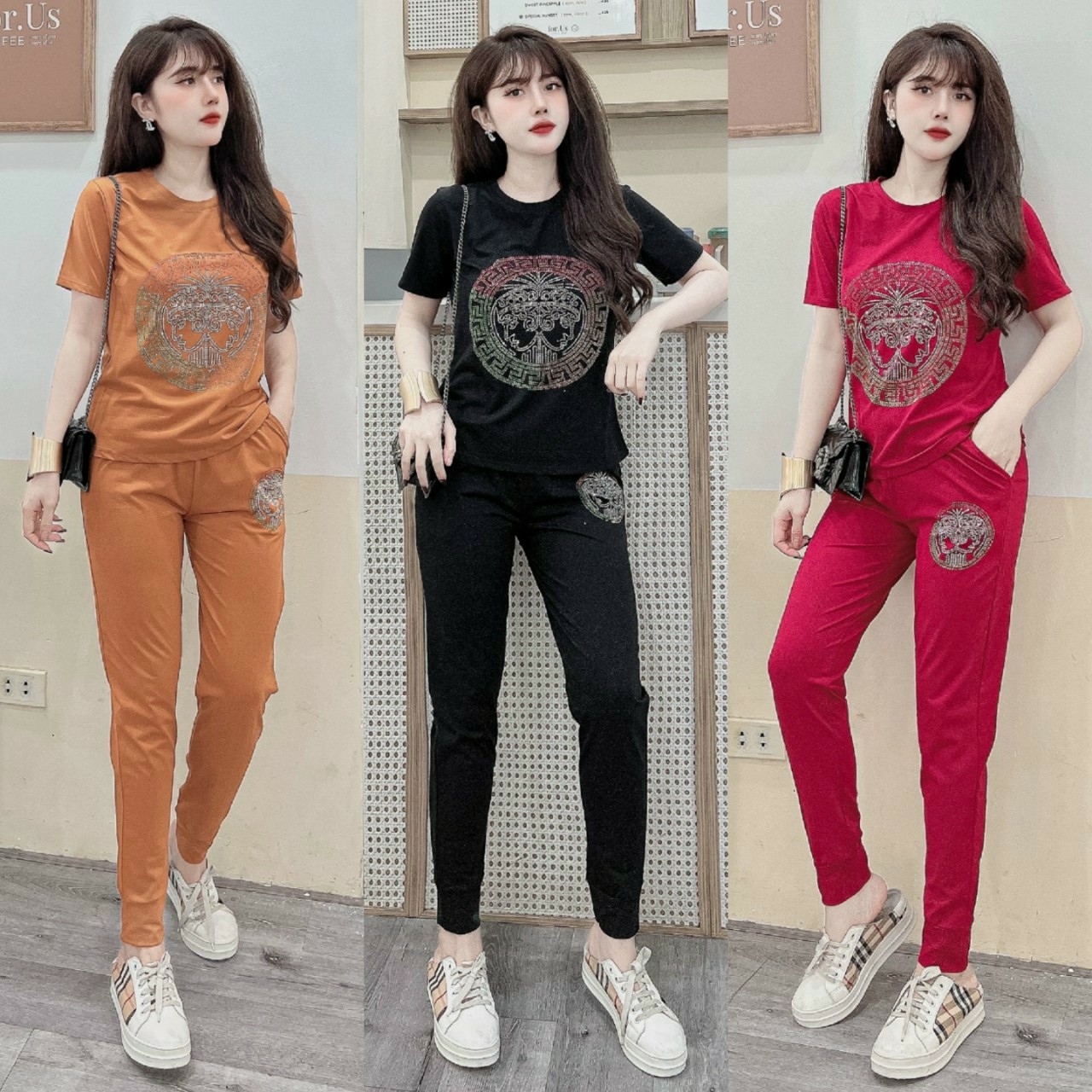 Đồ bộ thun cotton đính đá họa tiết (3 màu: đen, đỏ, cam)
