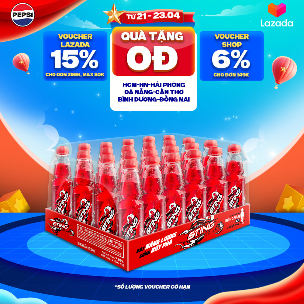 Thùng 24 Chai Nước Tăng Lực Sting Dâu (330ml/chai)