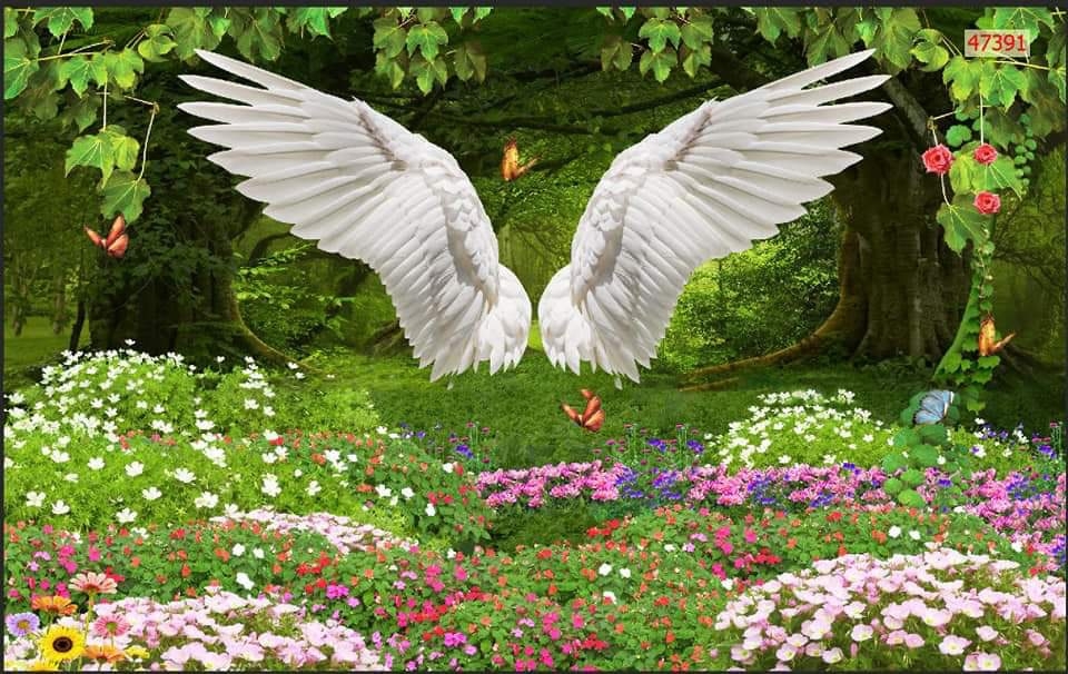 Tranh 3D dán tường đôi cánh thiên thần in trên chất liệu lụa cao cấp