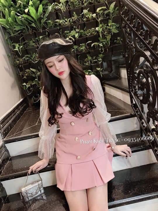 sét áo vest tay phối lưới chân váy