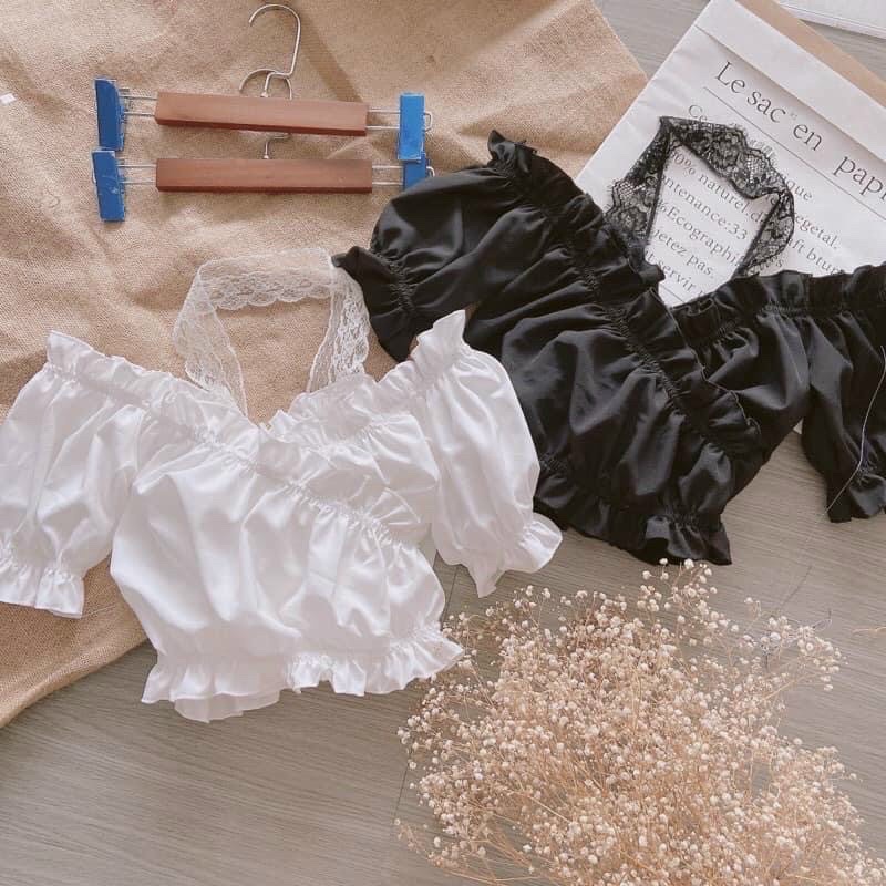 Áo croptop nữ kiểu bệt vai kate phối ren