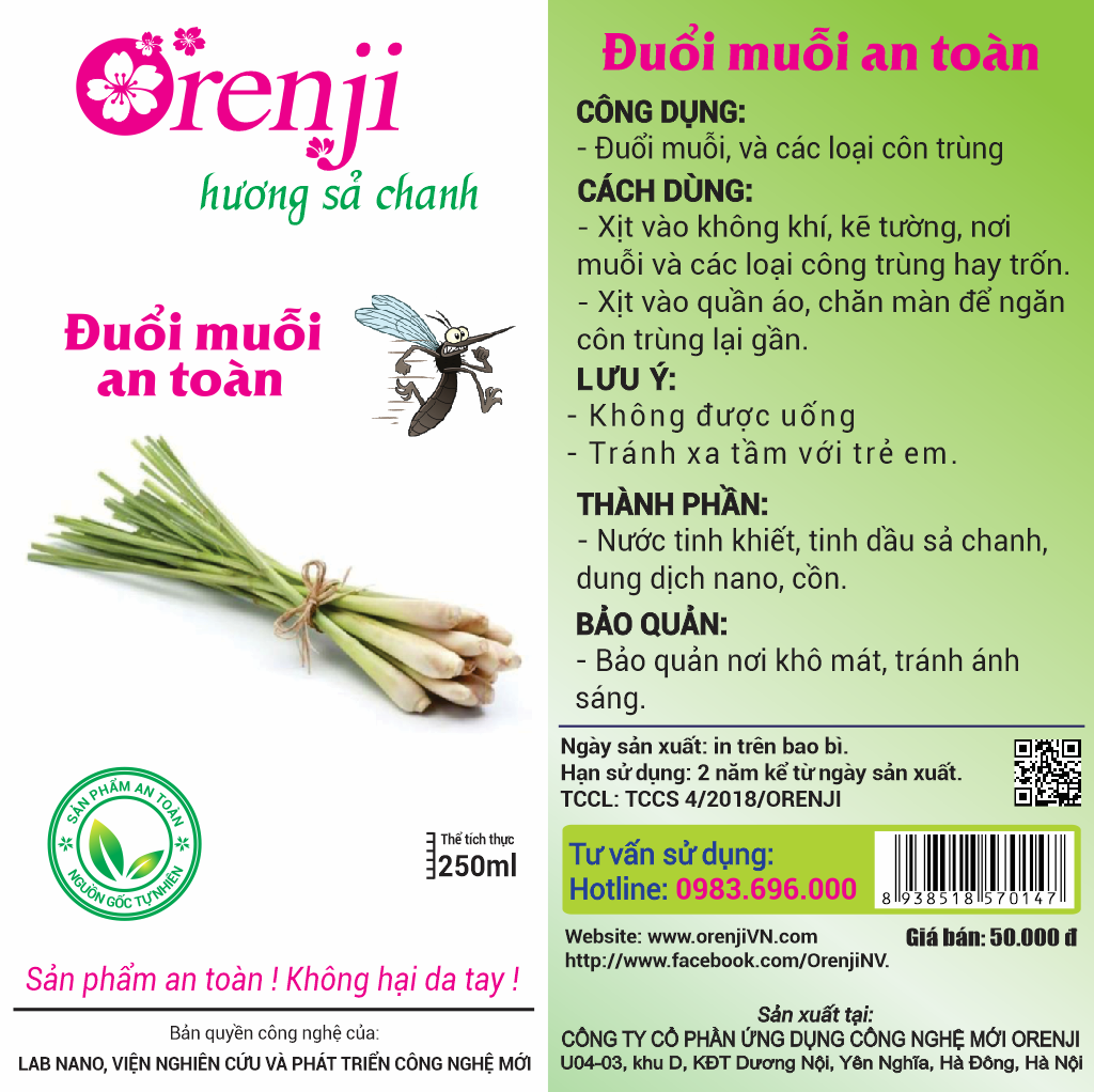 ĐUỔI MUỖI AN TOÀN ORENJI 250ml