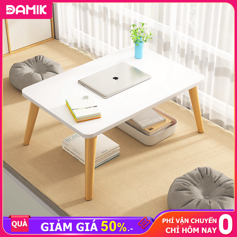 DAMIK-Bàn trà sofa cafe chữ nhật, mặt bàn bo góc cua mềm mại, chân gỗ tự nhiên