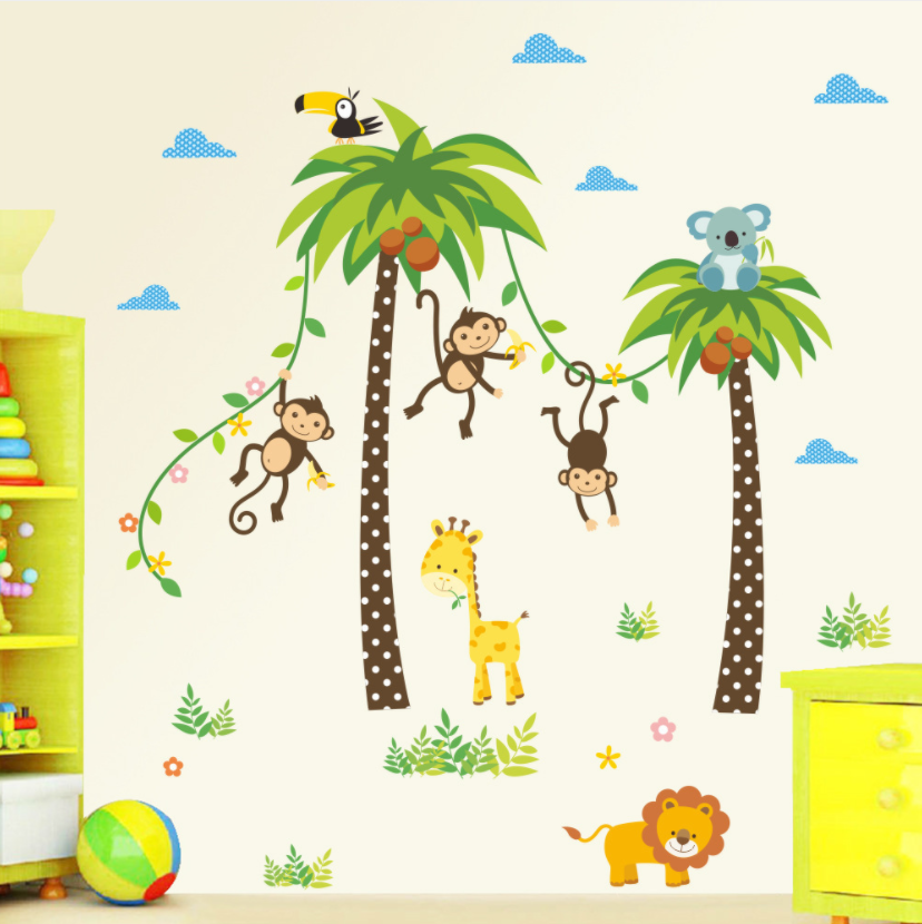 [HCM]Decal trang trí tường - 2 Cây Dừa và đàn thú tinh nghịch