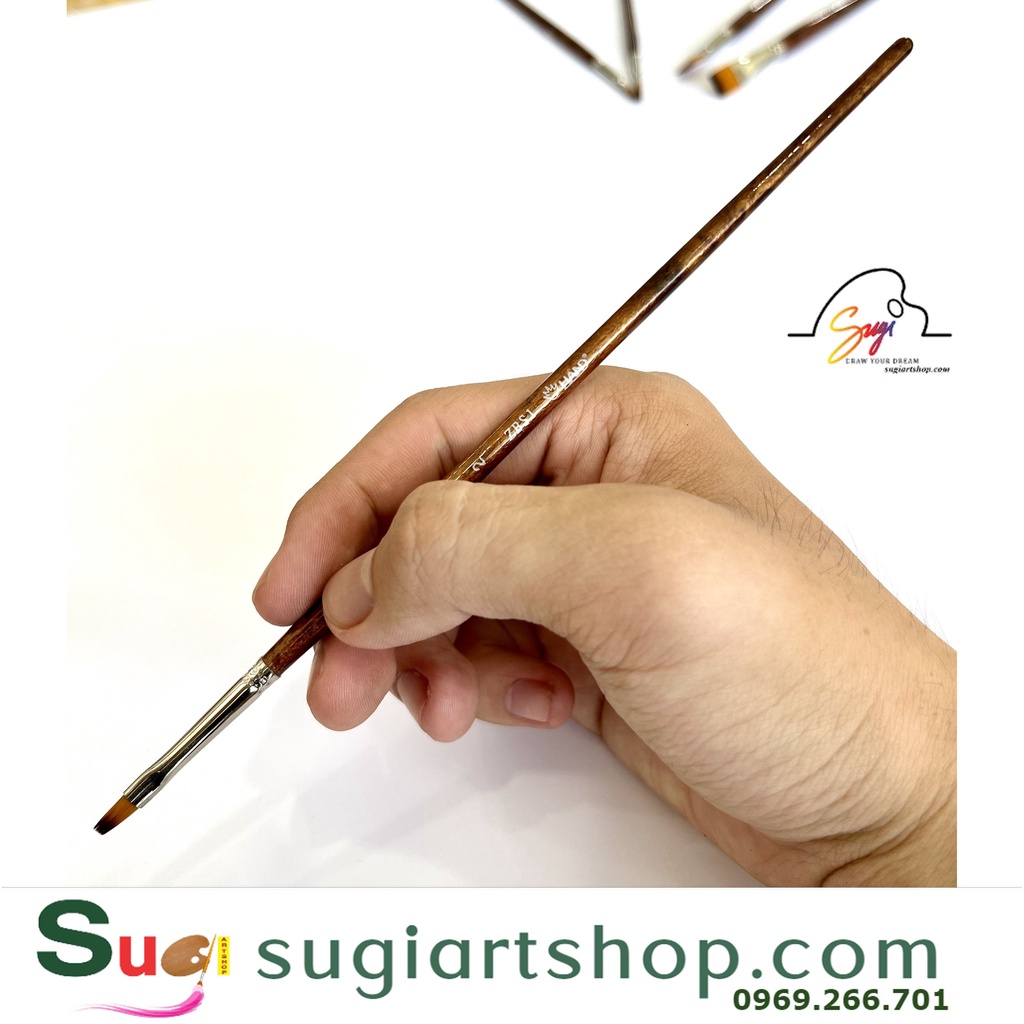 Cọ vẽ màu nước, cọ đầu vuông thân nâu hand mã ZBS1, Cọ vẽ màu poster/gouache/woat/acrylic