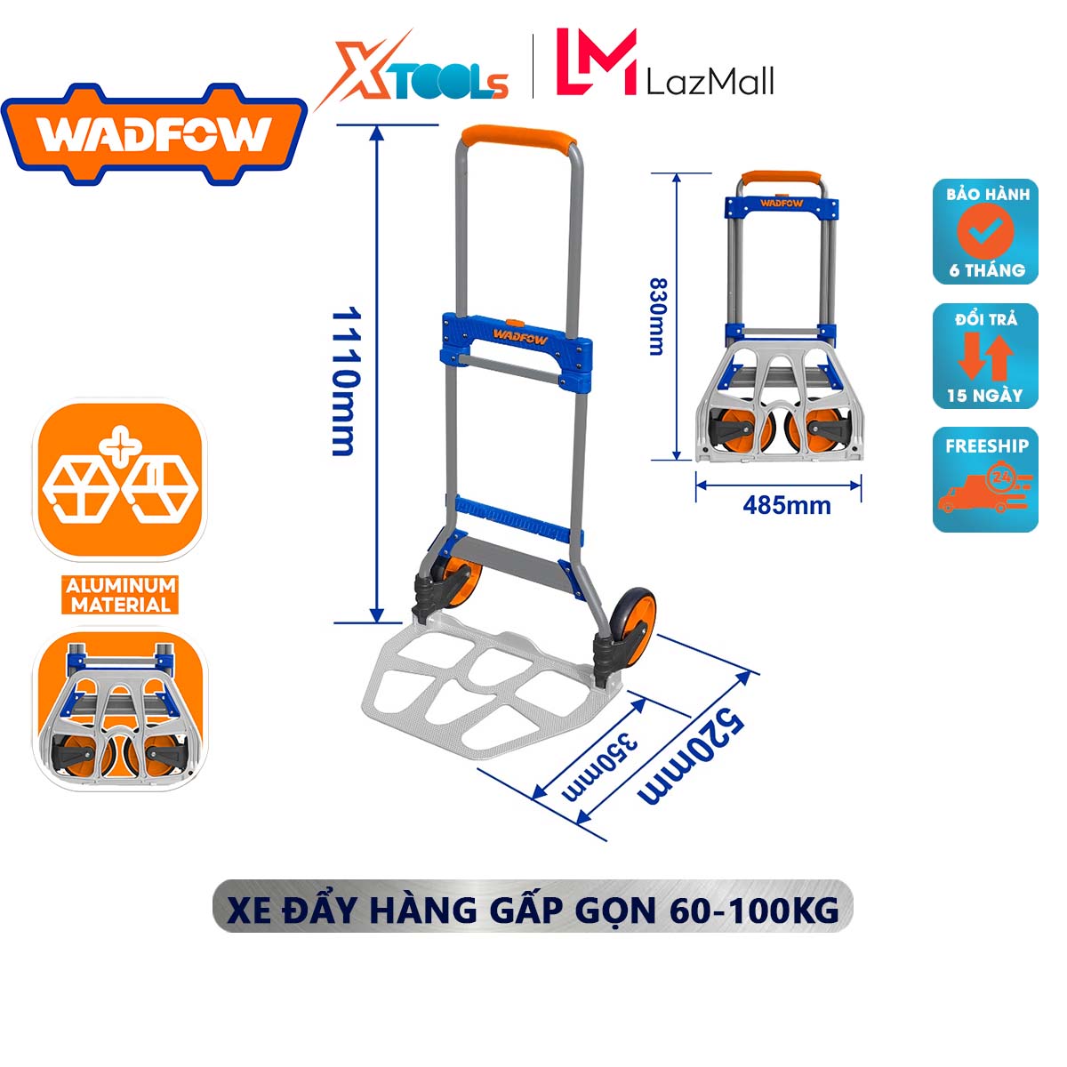 Xe đẩy hàng gấp gọn 2 bánh WADFOW tải trọng 60-100kg, xe kéo hàng gấp gọn đa năng, ống thép tấm thép cứng cáp chắc chắn