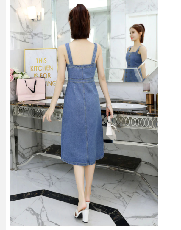 ĐẦM JEAN 2 DÂY PHỐI HÀNG NÚT D7780