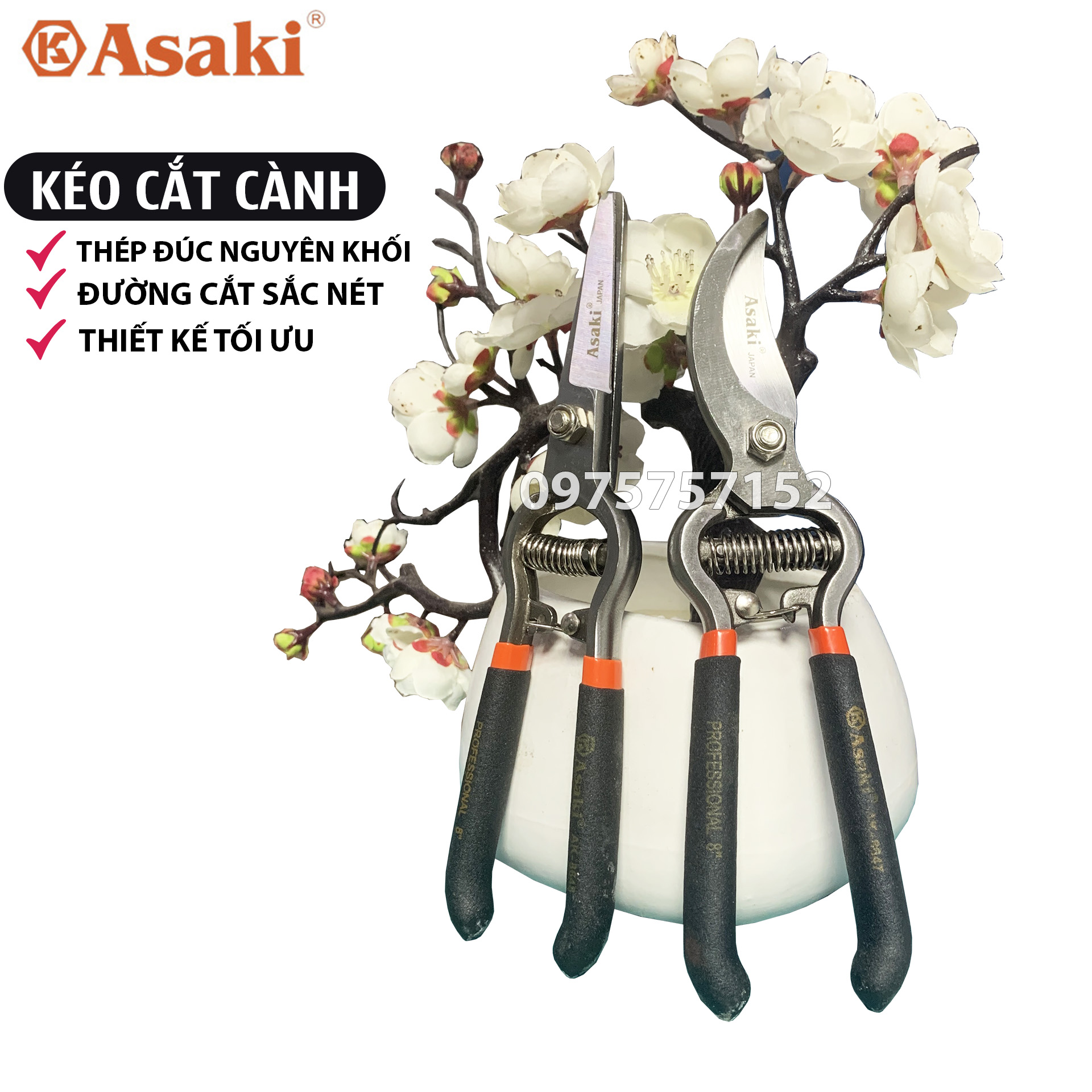 Bộ kéo cắt cành, kéo tỉa cành thép đúc nguyên khối Asaki JAPAN 8 inch/ 200mm, thép Carbon siêu cứng, lưỡi kéo sắc ngọt, độ bền tuyệt đối, khả năng chống rỉ sét, an toàn chất lượng cao, kéo cắt cành AK-8647, kéo tỉa dăm AK-8648