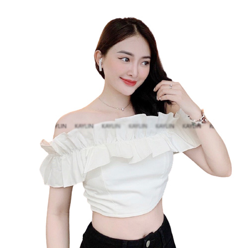 Áo kiểu nữ croptop vải voan bo lai tay ngắn viền bèo lệch vai thời trang mới Av0145