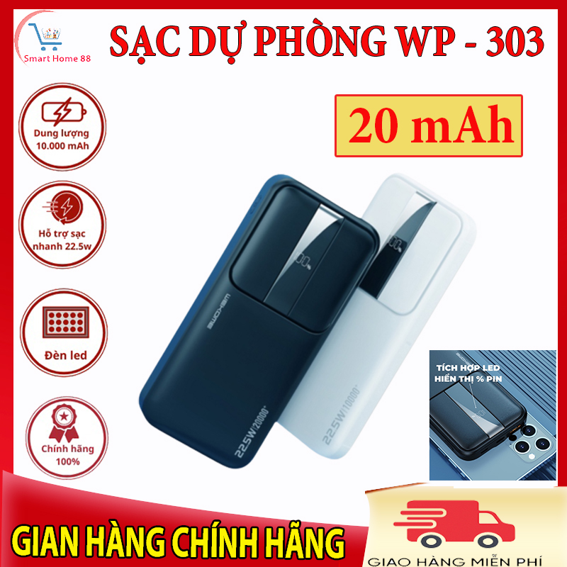 Pin dự phòng 20000mAh WP 303 chính hãng, sạc dự phòng có sạc nhanh, sạc dự phòng 20000mah, sạc dự phòng không dây, pin sạc dự phòng cao cấp, cục sạc dự phòng, thiết kế nhỏ gọn, dễ di chuyển