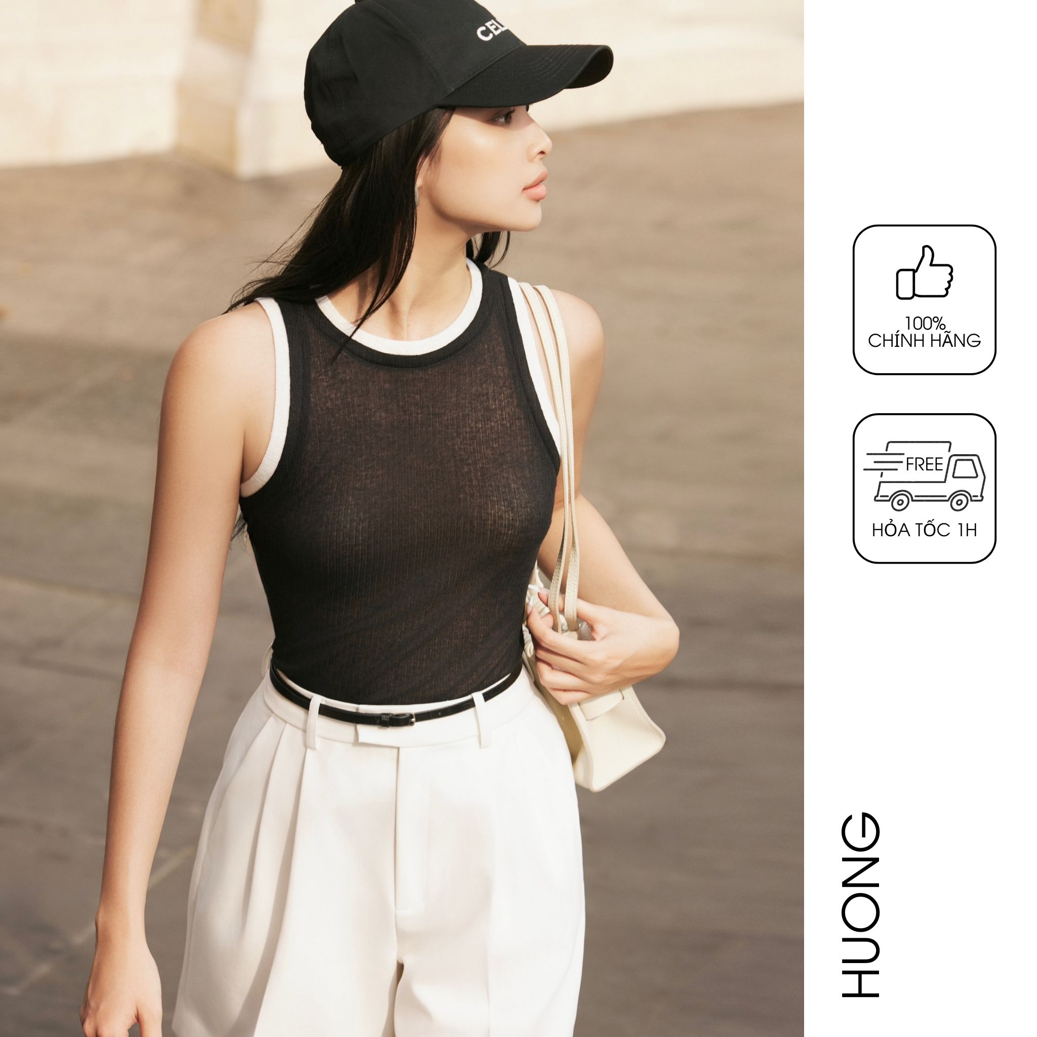 Áo sơ mi thun đen sát nách viền trắng huong boutique bssm56