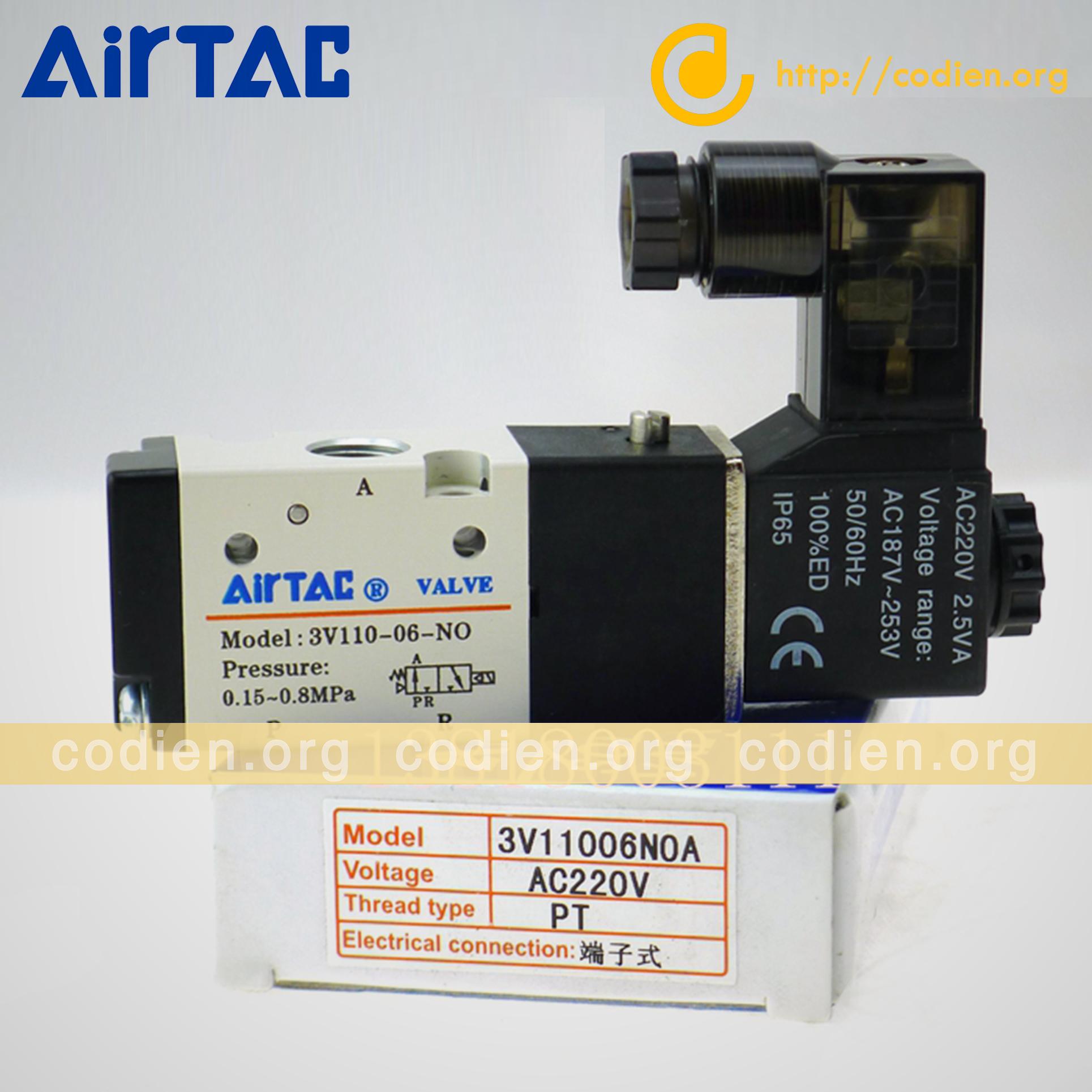 Van điện từ, van khí nén Airtac 3V110-06 cuộn hút 220V 24V