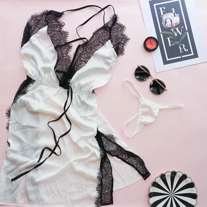 [HCM]Đầm ngủ phi lụa hai dây phối ren xẻ tà hở lưng gợi cảm (màu trắng viền ren đen) BT4