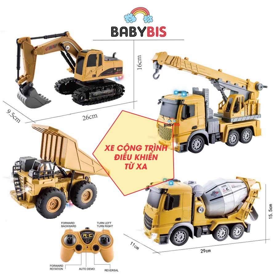 Xe công trình điều khiển từ xa xe máy xúc, xe ben, xe cẩu, xe trộn bê tông, đồ chơi cho bé, đồ chơi xe Babybis - đồ chơi trẻ em