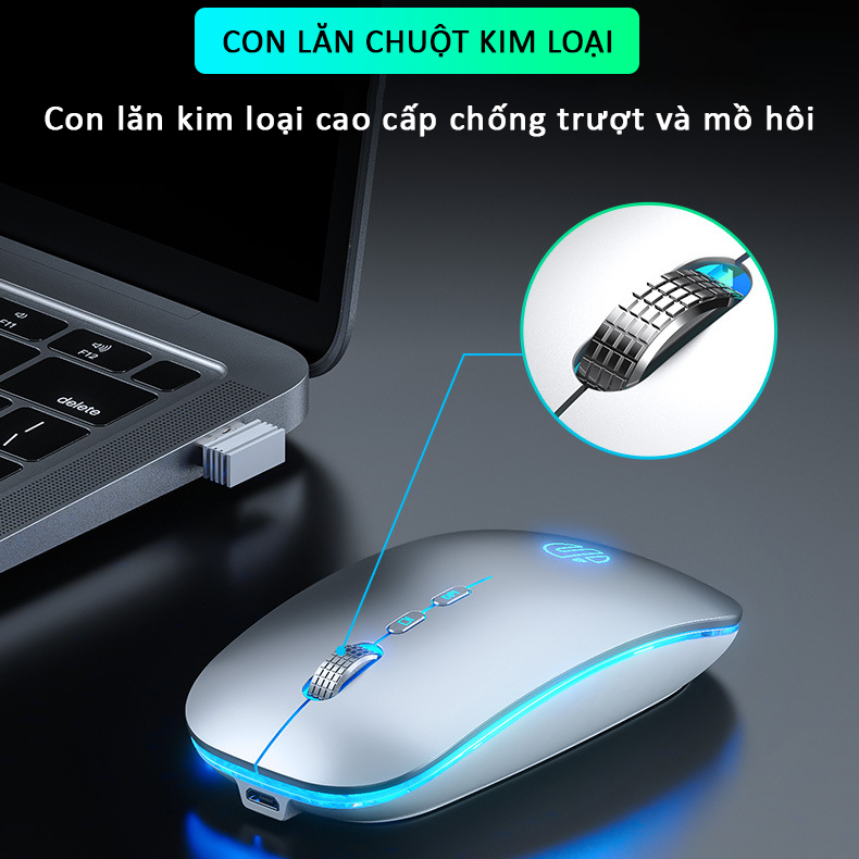 Chuột không dây wireless sạc pin Sidotech Inphic M5 bản nâng cấp chuột bluetooth của M1P thiết kế silent tắt tiếng click  / có LED / con lăn kim loại / sạc 1 lần dùng 8 tuần / phong cách chuột Macbook Apple cho máy tính laptop -Chính hãng