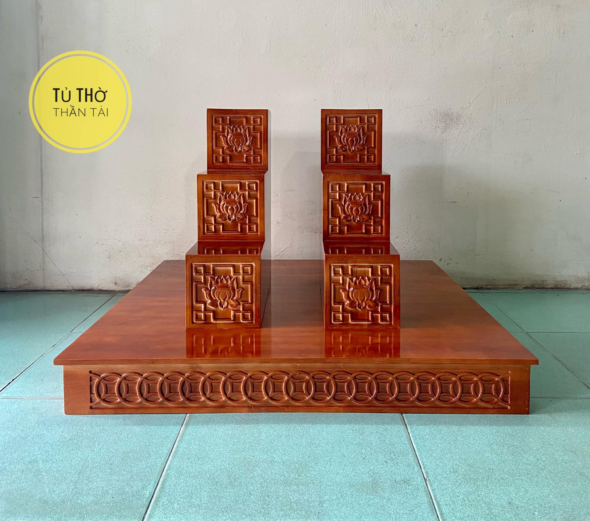 Bục tam cấp bàn thờ thần tài khắc Hoa Sen ( Hàng loại 1 100% Gỗ )