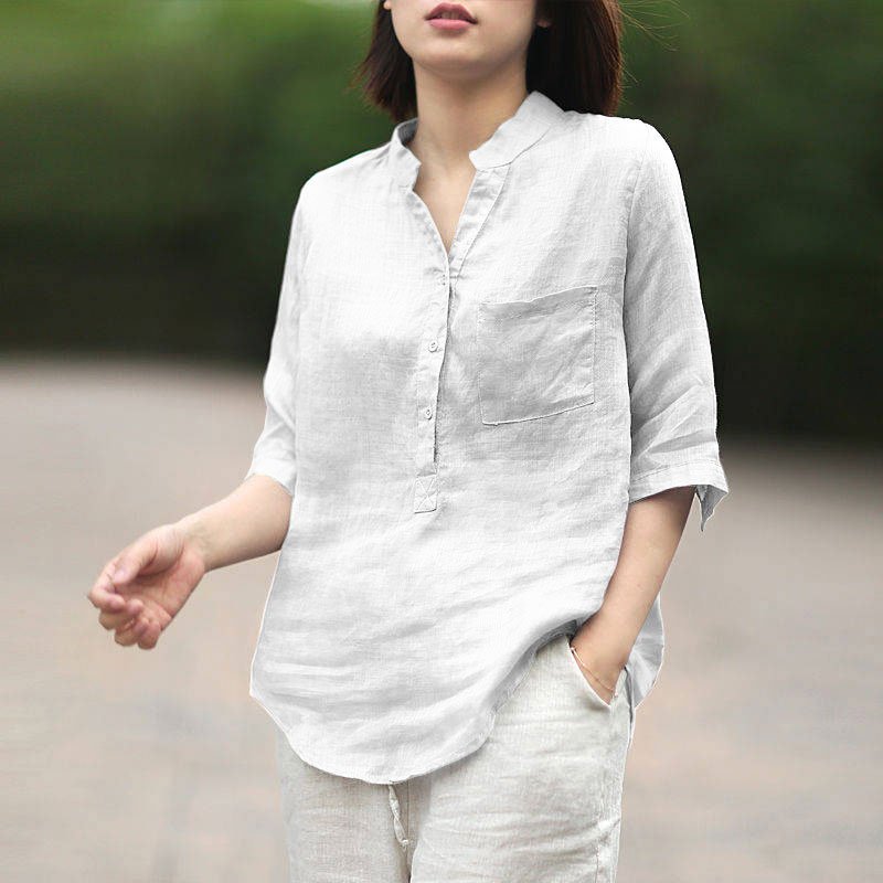 áo sơ mi nữ cổ trụ,chất đũi - A25